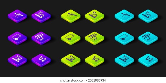 Set Scale with suitcase, Trolley baggage, No cell phone, Suitcase,  and Plane takeoff icon. Vector