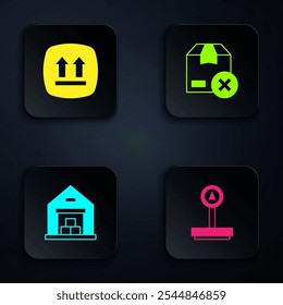 Set Scale, This side up, Warehouse and Carton cardboard box. Black square button. Vector