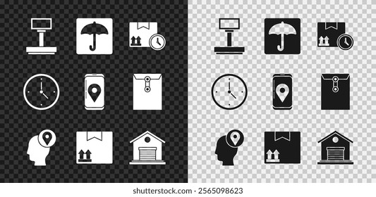 Set Scale, Umbrella, Cardboard box and fast time, Delivery man with cardboard boxes, traffic symbol, Warehouse, Fast delivery and Mobile app tracking icon. Vector