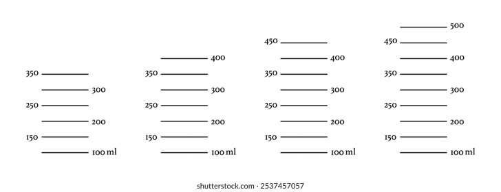 Set of scales 350, 400, 450, 500 ml liquid volume. Measuring milliliters cup, jug to preparing cooking. Graphic templates isolated on a white background.