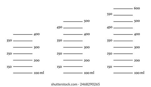 Juego de balanzas de 400, 500, 600 ml de volumen líquido. Medición mililitros taza, jarra para preparar la cocina. Plantilla gráfica de Vector.