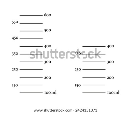 Set of scales 600 and 400 ml liquid volume. Measuring milliliters cup or jug to preparing cooking. Vector template.