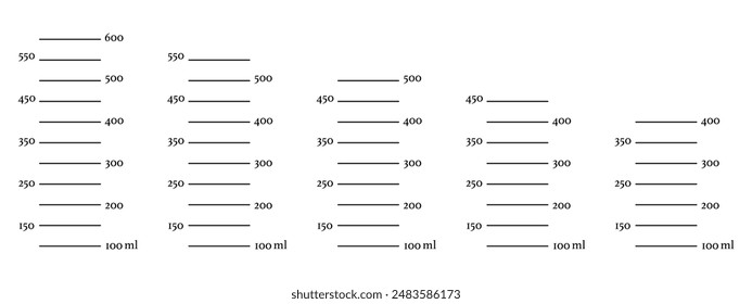 Juego de balanzas de 600, 550, 500, 450, 400 ml de volumen líquido. Medición mililitros taza, jarra para preparar la cocina. Plantilla gráfica aislada sobre fondo blanco.	