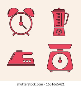 Set Scales , Alarm clock , Blender  and Electric iron  icon. Vector