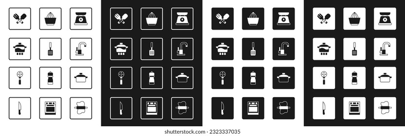 Set Scales, Barbecue spatula, Cooking pot, Crossed fork and spoon, Water tap, Citrus fruit juicer,  and Spatula icon. Vector