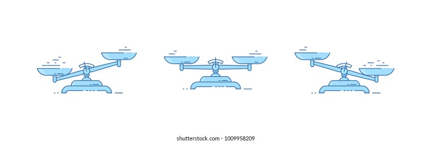 Set of scales. Bowls of scales in balance, an imbalance of scales. Vector illustration. Line design.