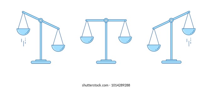 Set of scales. Bowls of scales in balance, an imbalance of scales. Vector illustration. Line design.