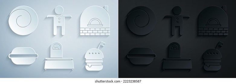 Set Scales, Brick stove, Macaron cookie, Burger, Holiday gingerbread man and Roll bun with cinnamon icon. Vector