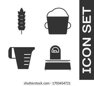 Set Scales , Cereals with rice, wheat, corn, oats, rye, Measuring cup and Bakery bowl dough  icon. Vector
