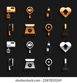 Set Scales, Chef hat, Barbecue spatula, Frying pan, Meat chopper, Bottle of olive oil, Electric mixer and Fried eggs on frying icon. Vector