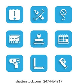 Set Scales, Corner ruler, Measuring tape, Calendar, Digital thermometer, instrument, Hand scale spring mechanical and Depth measurement icon. Vector