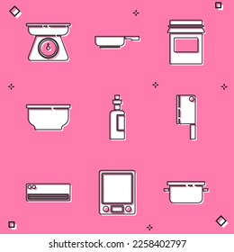 Set Scales, Frying pan, Jam jar, Bowl, Bottle of olive oil, Meat chopper, Air conditioner and Electronic scales icon. Vector