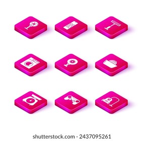 Set Scales, Gamepad, Washer, Web camera, Vacuum cleaner, Citrus fruit juicer, Electric heater and Remote control icon. Vector