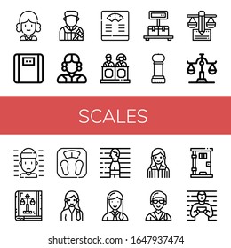 Set of scales icons. Such as Judge, Bathroom scale, Jury, Scale, Grinder, Balance, Prisoner, Law book, Lawyer, Prison , scales icons