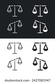 Set of scales icons. Symbol of justice, balance and weight. Attribute of a lawyer, store or Themis.