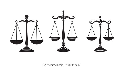 set of Scales isolated monochrome icon. Vector dual balance Themis scales of justice on decorative stand. Mechanical balancing scales, symbol of law and judgment, punishment and truth, .