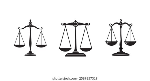 set of Scales isolated monochrome icon. Vector dual balance Themis scales of justice on decorative stand. Mechanical balancing scales, symbol of law and judgment, punishment and truth, .