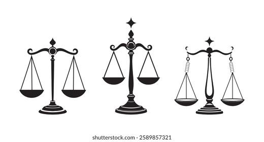 set of Scales isolated monochrome icon. Vector dual balance Themis scales of justice on decorative stand. Mechanical balancing scales, symbol of law and judgment, punishment and truth, .