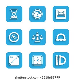 Set Scales of justice, Clock, Protractor and ruler, Diagonal measuring, Compass, Graph, schedule, chart, diagram and Old hourglass with sand icon. Vector