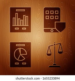 Set Scales of justice, Document with graph chart, Document with graph y Smartphone seguro sobre fondo de madera. Vector