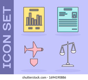 Set Scales of justice, Document with graph chart, Plane with shield and Personal document icon. Vector