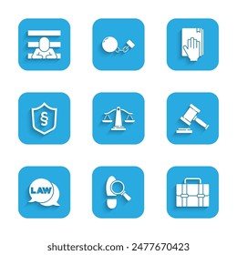 Set Scales of justice, Footsteps, Briefcase, Judge gavel, Law, Justice law in shield, Oath on the Holy Bible and Prisoner icon. Vector