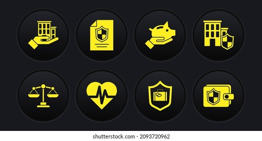 Set Scales of justice, House with shield, Health insurance, Travel suitcase, Piggy bank, Contract, Wallet and  icon. Vector