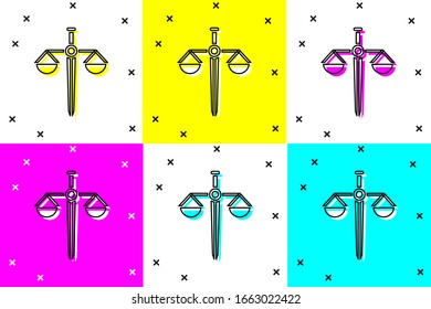 Set Scales of justice icon isolated on color background. Court of law symbol. Balance scale sign.  Vector Illustration
