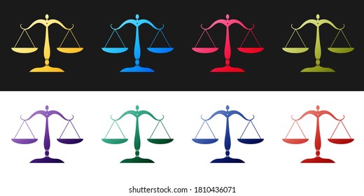 Set Scales of Justice Symbol einzeln auf schwarz-weißem Hintergrund. Symbol des Gerichtshofs. Waage-Skala-Schild. Vektorgrafik.