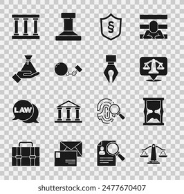 Set Scales of justice, Old hourglass, Justice law in shield, Ball on chain, Bribe money bag, Prison window and Fountain pen nib icon. Vector