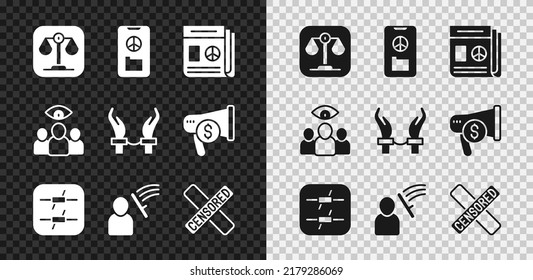 Set Scales Of Justice, Peace, News, Barbed Wire, Police Beat Human, Censored Stamp, Spy, Agent And Handcuffs On Hands Criminal Icon. Vector