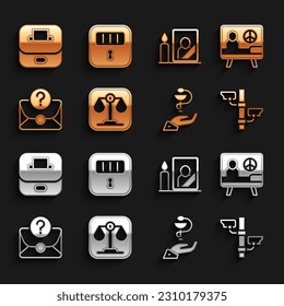 Set Scales of justice, Peace, Security camera, Caduceus snake medical, Envelope with question mark, Mourning photo frame, Vote box and Prison cell door icon. Vector