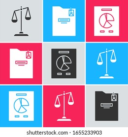 Establecer escalas de justicia, carpeta personal y documento con el icono del gráfico gráfico. Vector