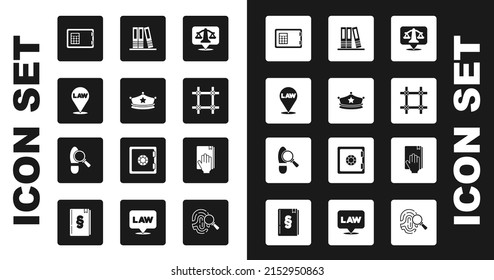 Set Scales of justice, Police cap with cockade, Location law, Safe, Prison window, Office folders, Oath the Holy Bible and Footsteps icon. Vector