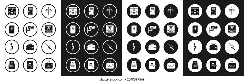 Set Scales of justice, Security camera, Holy bible book, Suspect criminal, Wanted poster, Prison cell door, Sniper rifle with scope and Footsteps icon. Vector