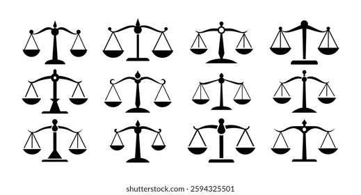 Set of Scales of Justice Silhouettes Scales icon collection. Law scale icon. Scales. Libra icon. Flat style. vector silhouette