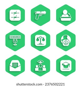 Set Scales of justice, Spy, agent, Graduation cap, International day peace, Mail and e-mail, Censored stamp, Speaker and Barbed wire icon. Vector