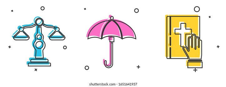 Set Scales of justice, Umbrella and Oath on the Holy Bible icon. Vector