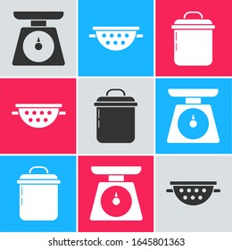 Set Scales , Kitchen colander  and Cooking pot  icon. Vector