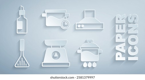 Set Scales, Kitchen extractor fan, Barbecue spatula, Cooking pot,  and Bottle of olive oil icon. Vector