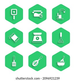 Set Scales, Kitchen whisk, with bowl, Barbecue spatula, Packet of pepper, Water tap and Frying pan icon. Vector
