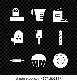 Set Scales, Measuring cup, Flour pack, Rolling pin, Muffin, bun with cinnamon, Oven glove and Kitchen brush icon. Vector