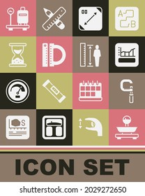 Set Scales, Micrometer, Graph, schedule, chart, diagram, Diagonal measuring, Protractor and ruler, Old hourglass with sand, suitcase and Measuring height body icon. Vector