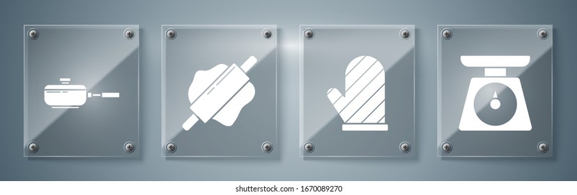 Set Scales , Oven glove , Rolling pin  and Frying pan . Square glass panels. Vector