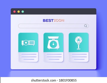Set Scales , Presentation, movie, film, media projector  and Electric fan  icon. Vector