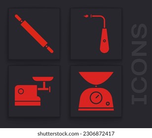 Ajuste escalas, rodillos, encendedor eléctrico largo e icono de molino de carne de cocina. Vector