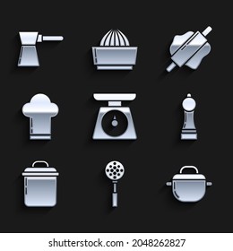 Set Scales, Spatula, Cooking pot, Pepper, Chef hat, Rolling pin and Coffee turk icon. Vector