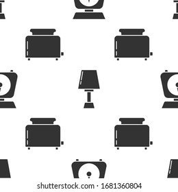 Set Scales , Table lamp  and Toaster with toasts  on seamless pattern. Vector