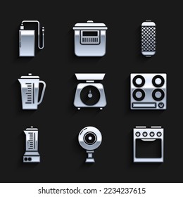 Set Scales, Web camera, Oven, Gas stove, Blender, Measuring cup, Stereo speaker and Power bank with different charge cable icon. Vector