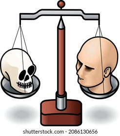 A set of scales weighing up a head and a skull. Life versus death concept.